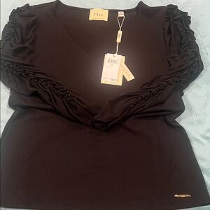 Elie by Elie Tahari Elegant Black Ruched and Ruffled Sleeve Top
